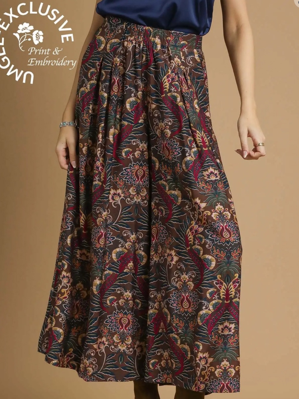 C5506 | Umgee Floral Print Wide Leg Palazzo Pants | Caramel Mix | Sizes S-L